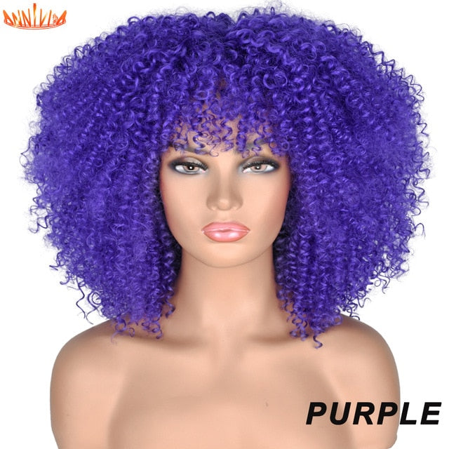 Short Hair Afro Kinky Curly Synthetic Wigs With Bangs