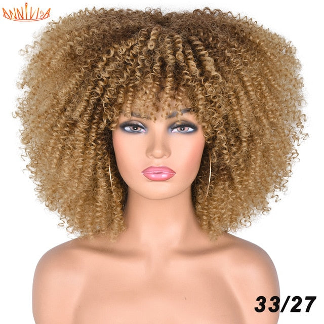 Short Hair Afro Kinky Curly Synthetic Wigs With Bangs