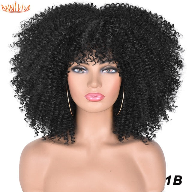 Short Hair Afro Kinky Curly Synthetic Wigs With Bangs