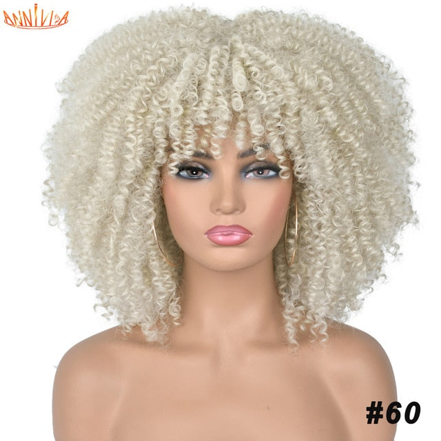 Short Hair Afro Kinky Curly Synthetic Wigs With Bangs