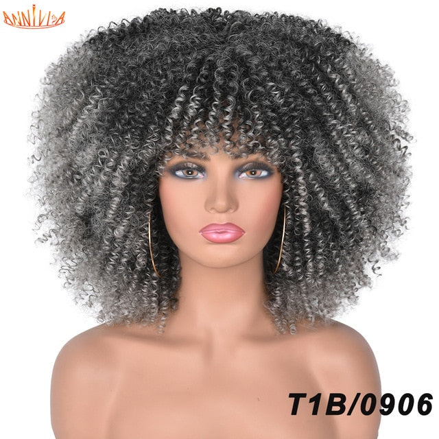 Short Hair Afro Kinky Curly Synthetic Wigs With Bangs