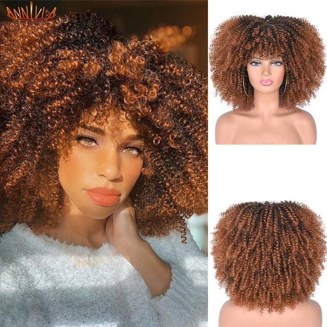 Short Hair Afro Kinky Curly Synthetic Wigs With Bangs