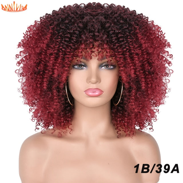 Short Hair Afro Kinky Curly Synthetic Wigs With Bangs