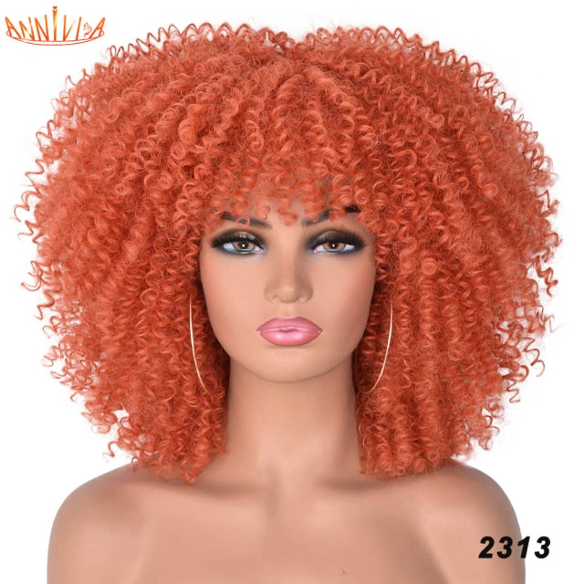 Short Hair Afro Kinky Curly Synthetic Wigs With Bangs