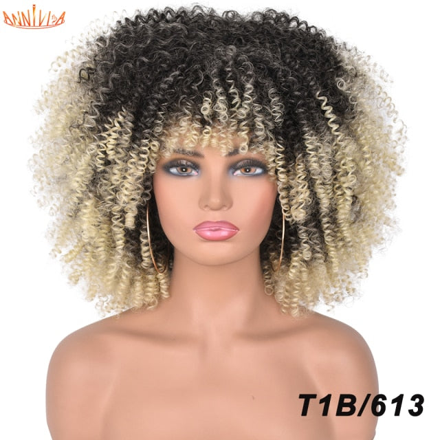 Short Hair Afro Kinky Curly Synthetic Wigs With Bangs