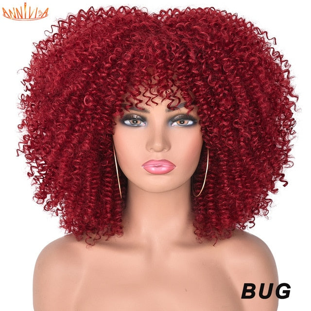 Short Hair Afro Kinky Curly Synthetic Wigs With Bangs