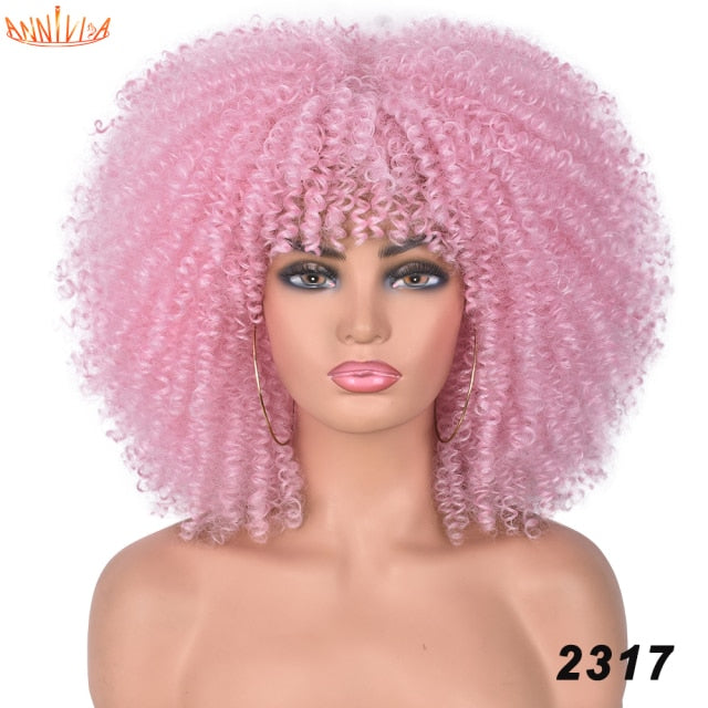 Short Hair Afro Kinky Curly Synthetic Wigs With Bangs