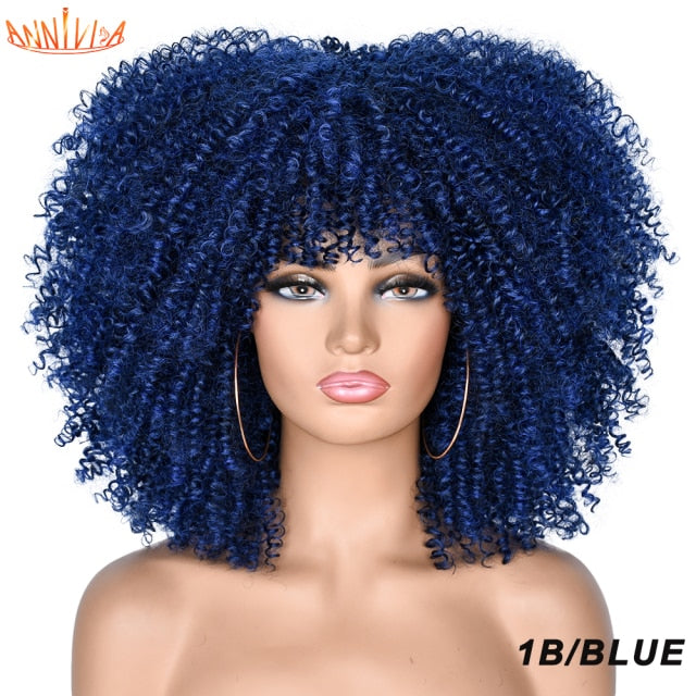 Short Hair Afro Kinky Curly Synthetic Wigs With Bangs