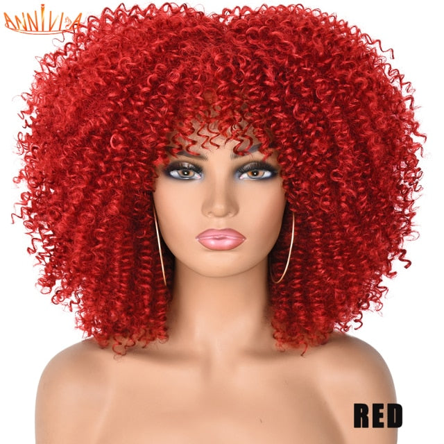 Short Hair Afro Kinky Curly Synthetic Wigs With Bangs