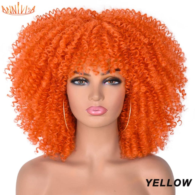 Short Hair Afro Kinky Curly Synthetic Wigs With Bangs