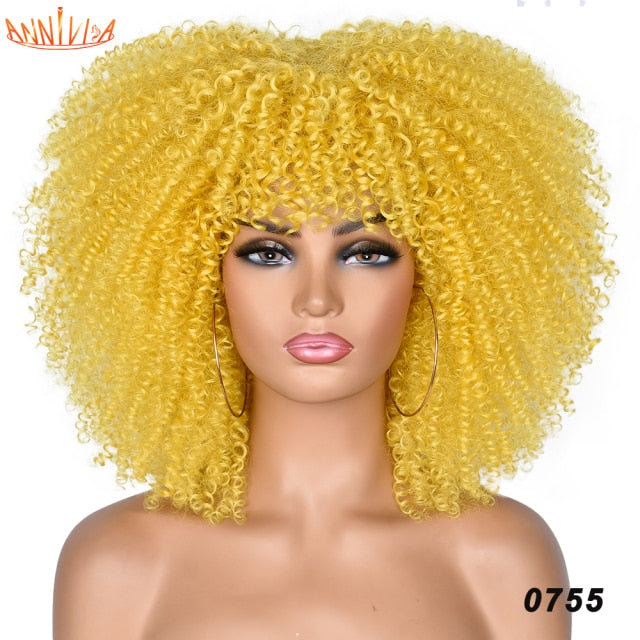 Short Hair Afro Kinky Curly Synthetic Wigs With Bangs